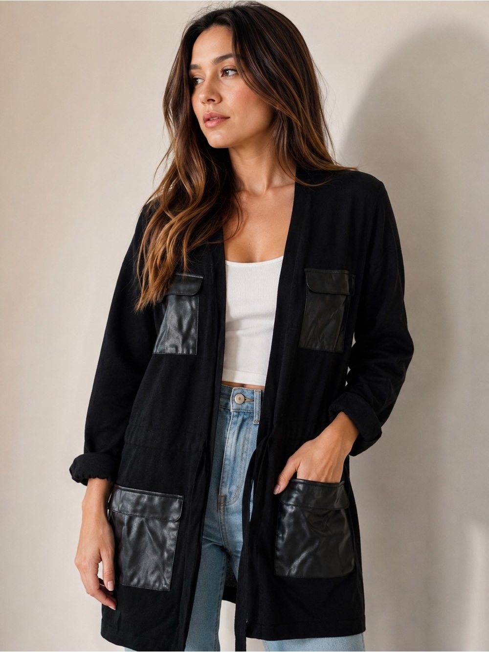 Calvin Klein Black Open Front Cardigan Faux Leather Pocket Detail Medium